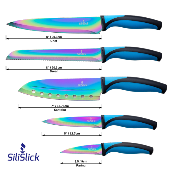 SiliSlick Kitchen Knife Set Professional, Titanium Coated Stainless Steel  Blades, Dishwasher Safe, Safety Sheaths, 5 Knives 