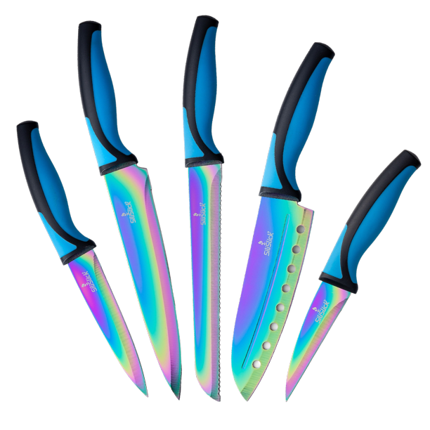 SiliSlick Steak Knife Set - Iridescent/Rainbow Titanium Coated Stainless Steel Knives - 5 inch / 12.7cm - (Blue) Blue Handle / 6